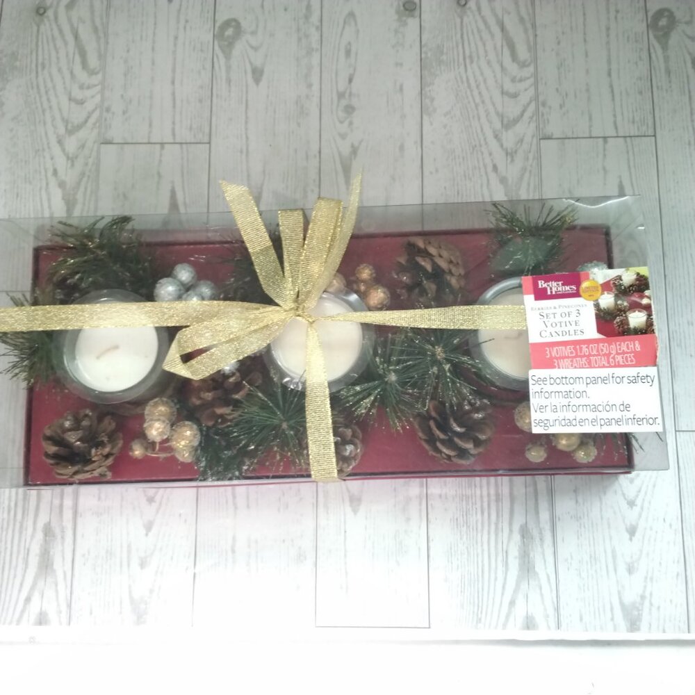 Better Homes & Gardens 3 Pc Set Votive Candle Pinecone Berry Wreaths Centerpiece